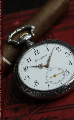 黒と銀の美しい装飾と色使い ロンジンの銀無垢アンティーク懐中時計 【1899年製】-P2372-14