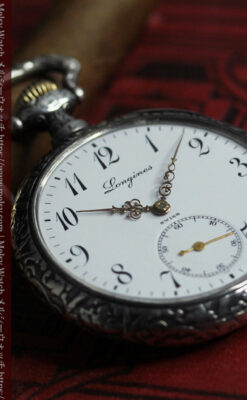 黒と銀の美しい装飾と色使い ロンジンの銀無垢アンティーク懐中時計 【1899年製】-P2372-15