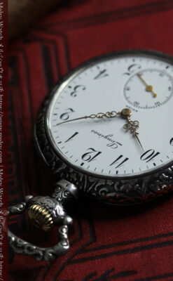 黒と銀の美しい装飾と色使い ロンジンの銀無垢アンティーク懐中時計 【1899年製】-P2372-16