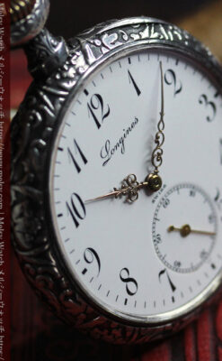 黒と銀の美しい装飾と色使い ロンジンの銀無垢アンティーク懐中時計 【1899年製】-P2372-17