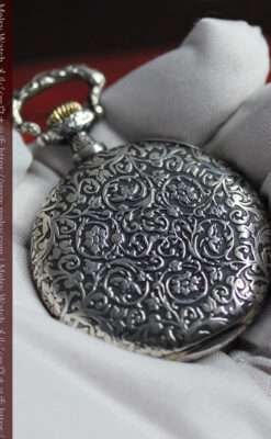 黒と銀の美しい装飾と色使い ロンジンの銀無垢アンティーク懐中時計 【1899年製】-P2372-21