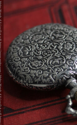 黒と銀の美しい装飾と色使い ロンジンの銀無垢アンティーク懐中時計 【1899年製】-P2372-3