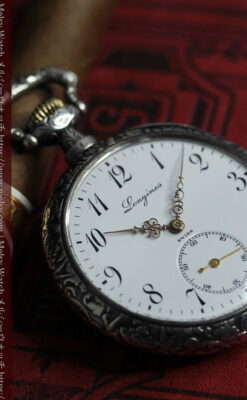 黒と銀の美しい装飾と色使い ロンジンの銀無垢アンティーク懐中時計 【1899年製】-P2372-5
