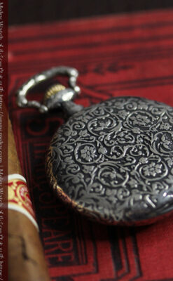 黒と銀の美しい装飾と色使い ロンジンの銀無垢アンティーク懐中時計 【1899年製】-P2372-8