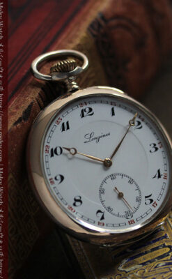 ロンジン昔の雰囲気そのままに ローズ色の銀無垢アンティーク懐中時計 【1936年製】-P2374-5