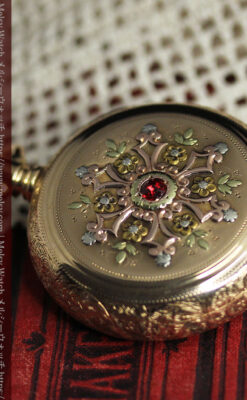 赤い宝石と美しい装飾と文字盤 エルジンの金無垢アンティーク懐中時計 【1899年頃】 箱付き-P2375-13