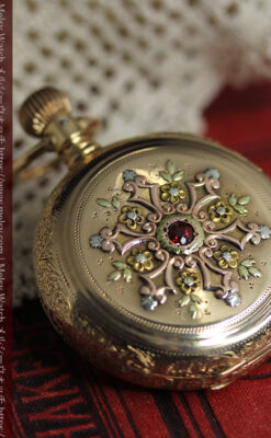 赤い宝石と美しい装飾と文字盤 エルジンの金無垢アンティーク懐中時計 【1899年頃】 箱付き-P2375-14
