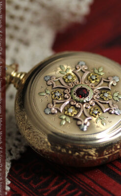 赤い宝石と美しい装飾と文字盤 エルジンの金無垢アンティーク懐中時計 【1899年頃】 箱付き-P2375-15