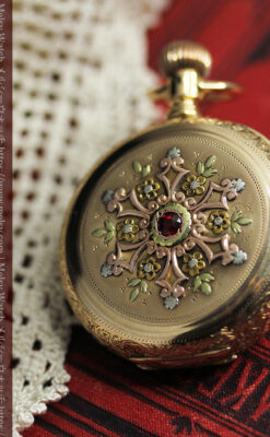 赤い宝石と美しい装飾と文字盤 エルジンの金無垢アンティーク懐中時計 【1899年頃】 箱付き-P2375-16