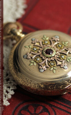 赤い宝石と美しい装飾と文字盤 エルジンの金無垢アンティーク懐中時計 【1899年頃】 箱付き-P2375-17