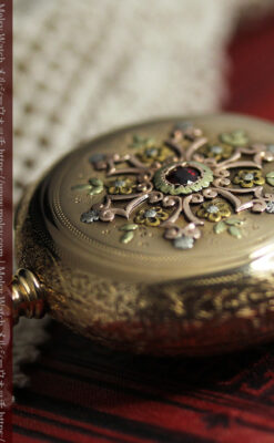 赤い宝石と美しい装飾と文字盤 エルジンの金無垢アンティーク懐中時計 【1899年頃】 箱付き-P2375-18