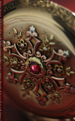 赤い宝石と美しい装飾と文字盤 エルジンの金無垢アンティーク懐中時計 【1899年頃】 箱付き-P2375-2