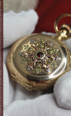 赤い宝石と美しい装飾と文字盤 エルジンの金無垢アンティーク懐中時計 【1899年頃】 箱付き-P2375-28