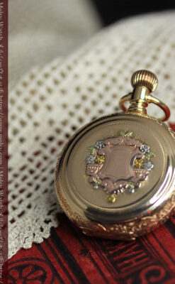 赤い宝石と美しい装飾と文字盤 エルジンの金無垢アンティーク懐中時計 【1899年頃】 箱付き-P2375-6