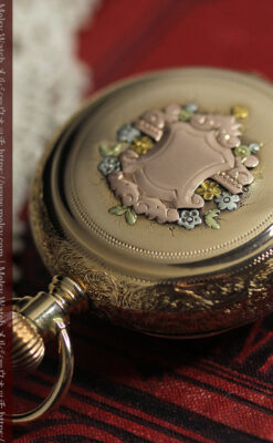 赤い宝石と美しい装飾と文字盤 エルジンの金無垢アンティーク懐中時計 【1899年頃】 箱付き-P2375-7