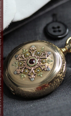 赤い宝石と美しい装飾と文字盤 エルジンの金無垢アンティーク懐中時計 【1899年頃】 箱付き-P2375-8