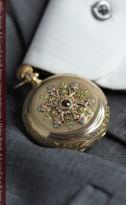 赤い宝石と美しい装飾と文字盤 エルジンの金無垢アンティーク懐中時計 【1899年頃】 箱付き-P2375-9