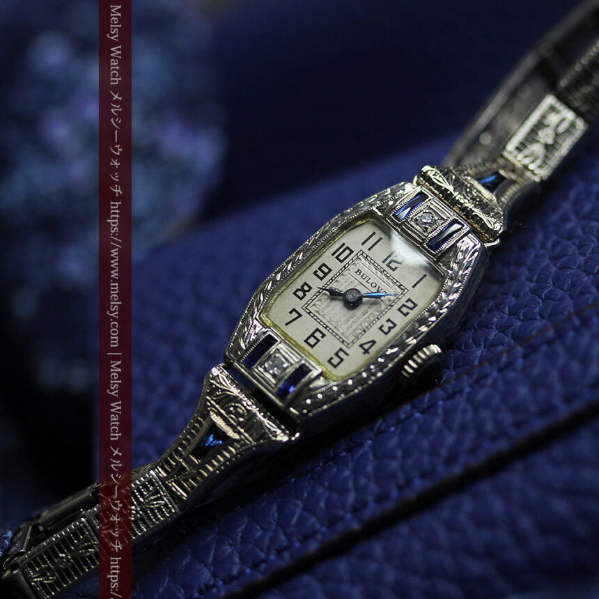 ブローバ 金無垢女性用アンティーク腕時計 美しい2色6石の宝石 【1926年製】-W1628-1