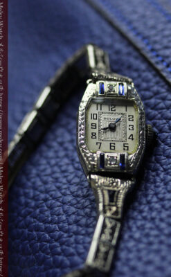 ブローバ 金無垢女性用アンティーク腕時計 美しい2色6石の宝石 【1926年製】-W1628-11
