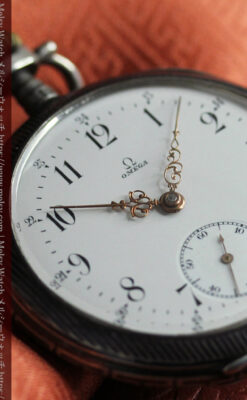 細かな黒と銀のニエロ装飾 オメガの銀無垢アンティーク懐中時計 【1911年頃】-P2378-13