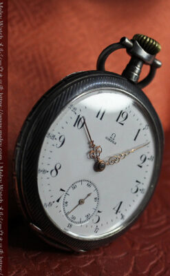 細かな黒と銀のニエロ装飾 オメガの銀無垢アンティーク懐中時計 【1911年頃】-P2378-16