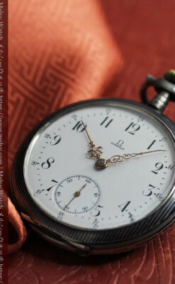 細かな黒と銀のニエロ装飾 オメガの銀無垢アンティーク懐中時計 【1911年頃】-P2378-5