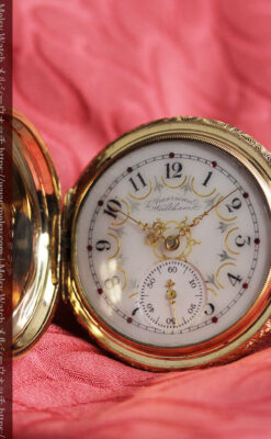 赤い宝石と美しい文字盤 ウォルサムのアンティーク懐中時計 【1895年頃】 箱付き-P2383-13