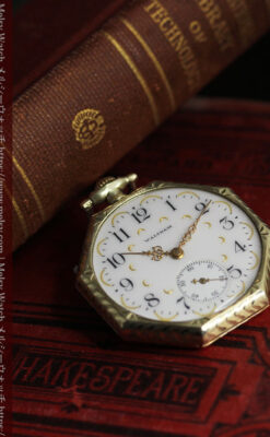 八角形 ウォルサムの金無垢アンティーク懐中時計 【1914年頃】金彩文字盤-P2384-12