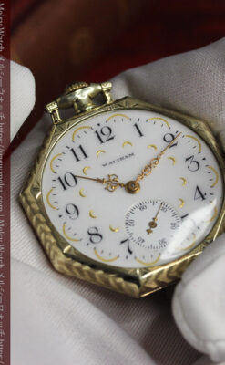 八角形 ウォルサムの金無垢アンティーク懐中時計 【1914年頃】金彩文字盤-P2384-15