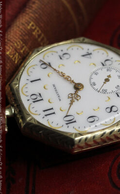 八角形 ウォルサムの金無垢アンティーク懐中時計 【1914年頃】金彩文字盤-P2384-7