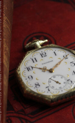 八角形 ウォルサムの金無垢アンティーク懐中時計 【1914年頃】金彩文字盤-P2384-9