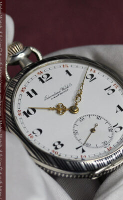 IWC 黒と銀のニエロ装飾に美しい針が映える銀無垢アンティーク懐中時計 【1918年頃】-P2385-19