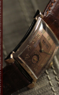 ローズ色&特殊な長方形 グリュエンのアンティーク腕時計 【1942年頃】銀ベゼル-W1640-13