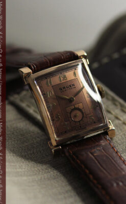 ローズ色&特殊な長方形 グリュエンのアンティーク腕時計 【1942年頃】銀ベゼル-W1640-4