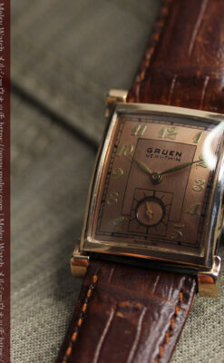 ローズ色&特殊な長方形 グリュエンのアンティーク腕時計 【1942年頃】銀ベゼル-W1640-8