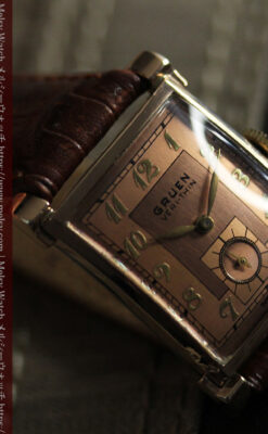 ローズ色&特殊な長方形 グリュエンのアンティーク腕時計 【1942年頃】銀ベゼル-W1640-9