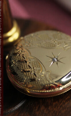 ダイヤモンドに上品な金彩装飾 エルジンの金無垢アンティーク懐中時計 【1905年頃】-P2386-10