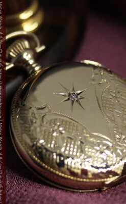 ダイヤモンドに上品な金彩装飾 エルジンの金無垢アンティーク懐中時計 【1905年頃】-P2386-12