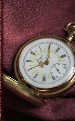 ダイヤモンドに上品な金彩装飾 エルジンの金無垢アンティーク懐中時計 【1905年頃】-P2386-14