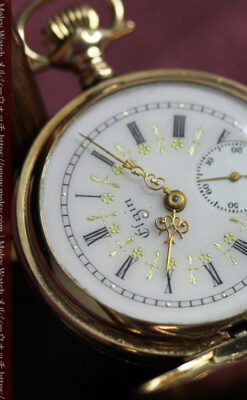 ダイヤモンドに上品な金彩装飾 エルジンの金無垢アンティーク懐中時計 【1905年頃】-P2386-16