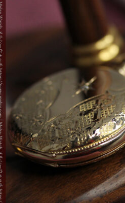 ダイヤモンドに上品な金彩装飾 エルジンの金無垢アンティーク懐中時計 【1905年頃】-P2386-18