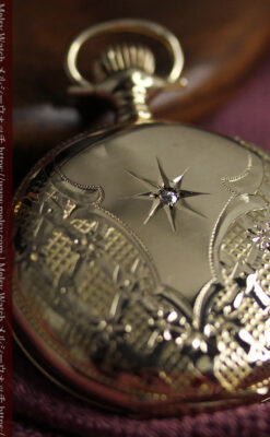 ダイヤモンドに上品な金彩装飾 エルジンの金無垢アンティーク懐中時計 【1905年頃】-P2386-2
