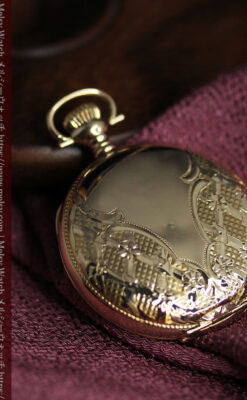 ダイヤモンドに上品な金彩装飾 エルジンの金無垢アンティーク懐中時計 【1905年頃】-P2386-6