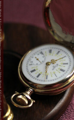 ダイヤモンドに上品な金彩装飾 エルジンの金無垢アンティーク懐中時計 【1905年頃】-P2386-7