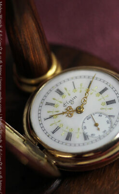 ダイヤモンドに上品な金彩装飾 エルジンの金無垢アンティーク懐中時計 【1905年頃】-P2386-8