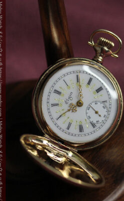 ダイヤモンドに上品な金彩装飾 エルジンの金無垢アンティーク懐中時計 【1905年頃】-P2386-9