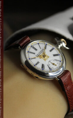 青く澄んだ蒼玉に金銀が美しいウォルサムのアンティーク腕時計 【1900年頃】-W1641-20