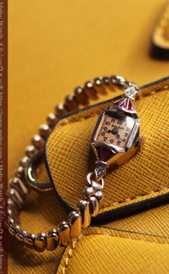 ルビー&ダイヤ 華のあるブローバの女性用アンティーク金無垢腕時計 【1941年製】箱付き-W1643-2