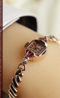 ルビー&ダイヤ 華のあるブローバの女性用アンティーク金無垢腕時計 【1941年製】箱付き-W1643-22