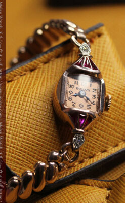 ルビー&ダイヤ 華のあるブローバの女性用アンティーク金無垢腕時計 【1941年製】箱付き-W1643-6